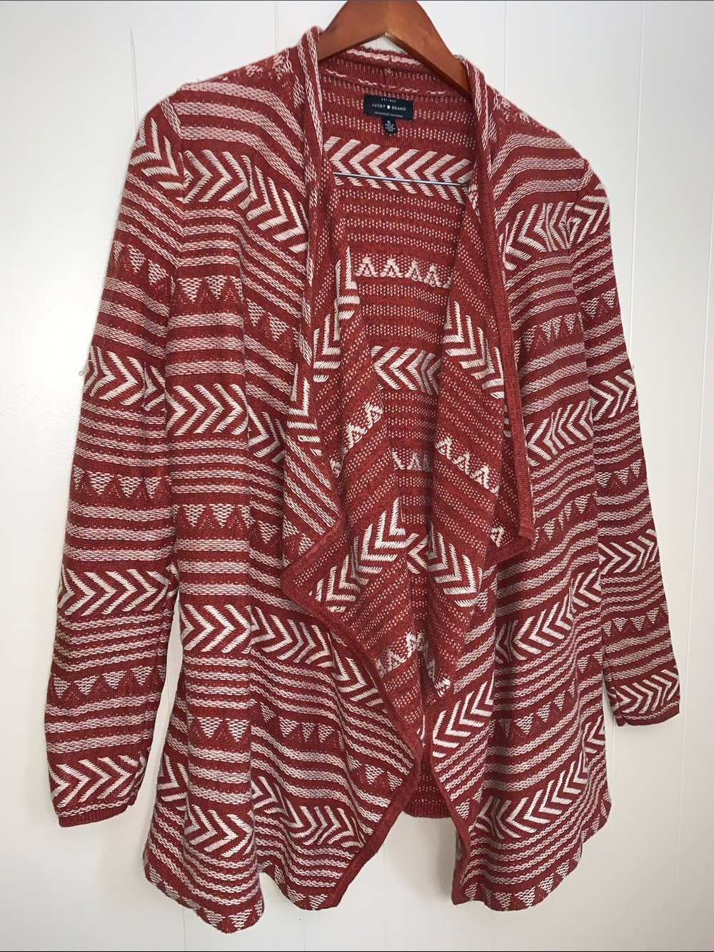 Lucky Brand Red and Cream Geometric Open-Front Cardigan